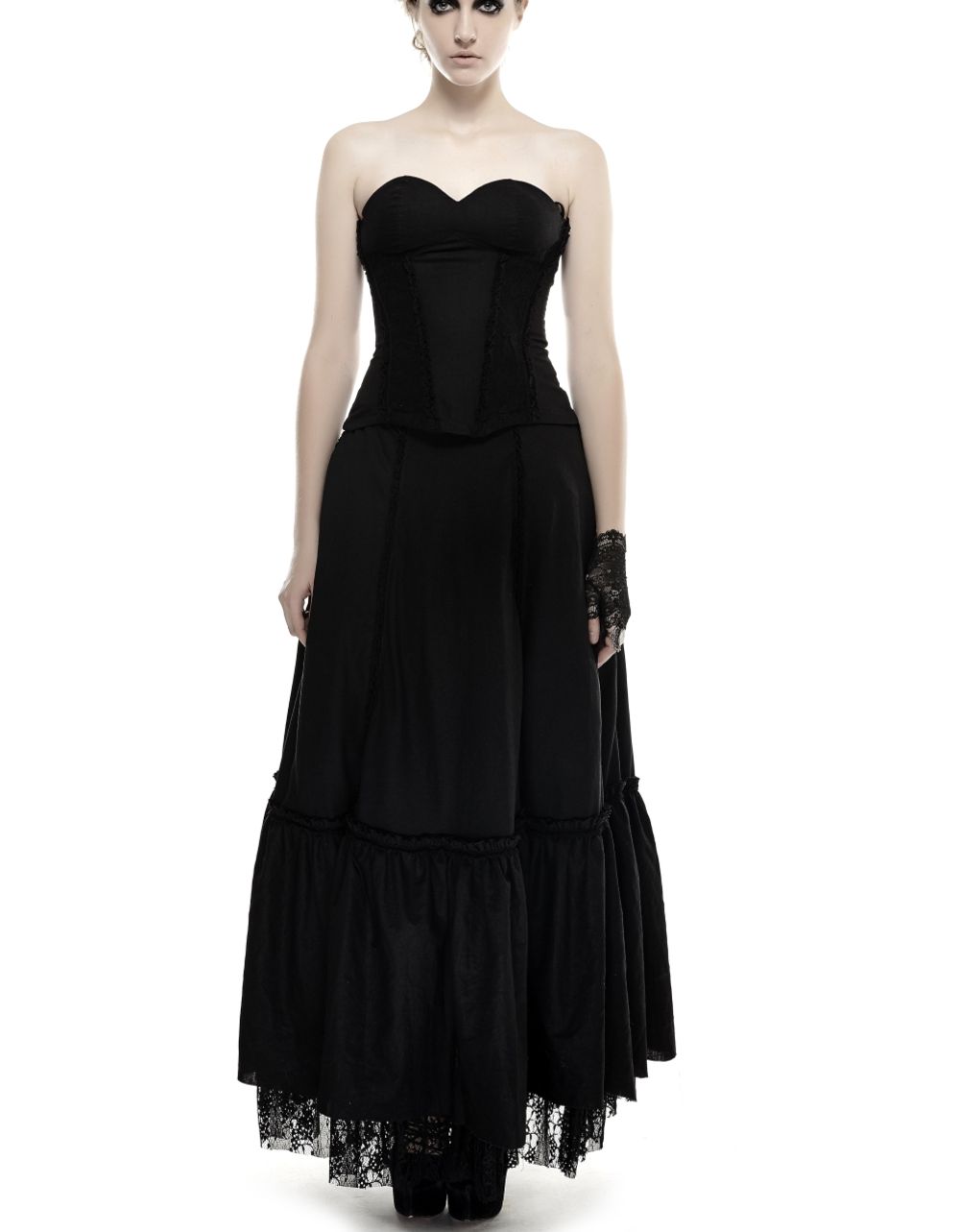 Robe Gothique Noire Dentelle Blanche - Style Vintage Années 2000 - Manches Longues Trapèze - Pour Soirée, Cocktail, Cosplay - Tissu Doux Et Respirant