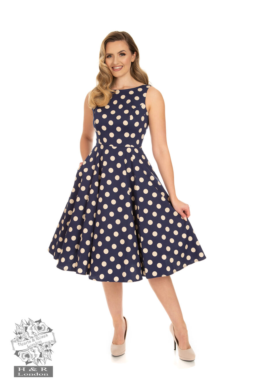 Robe Pin-Up rétro H&R LONDON bleue à pois blancs
