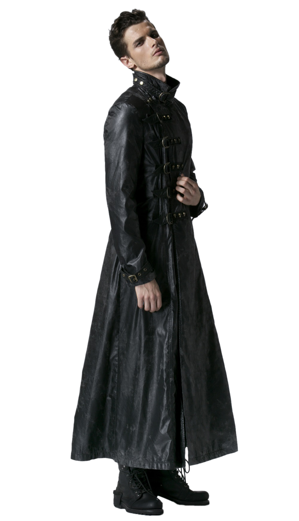 Manteau Trench Long Gothique En Cuir Noir Pour Femme - Style Militaire Steampunk - Double Boutonnage, Coupe Trapèze - Pour Hiver Et Occasions Spéciales