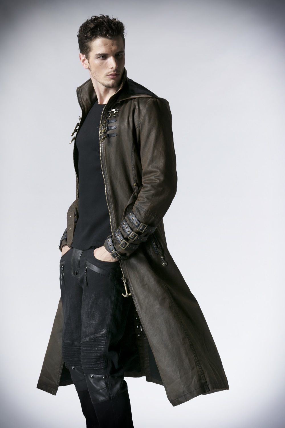 Long manteau steampunk homme marron à capuche punk rave y550