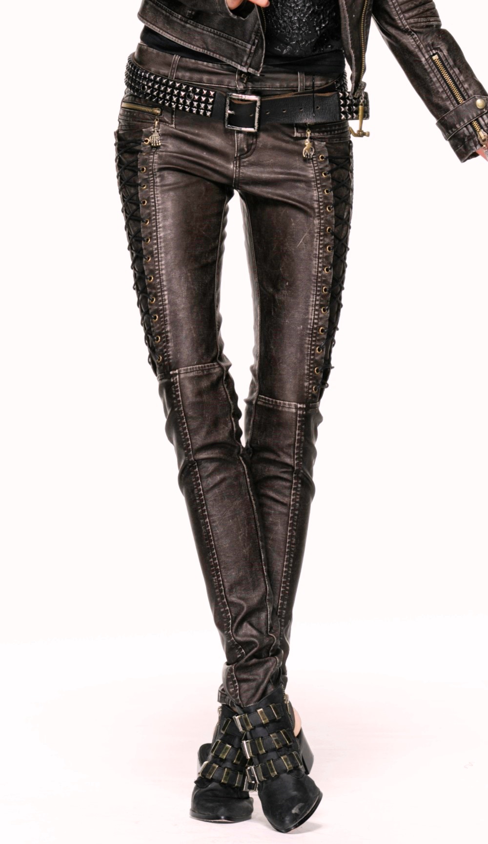 Pantalon steampunk femme en simili cuir marron punk rave k202
