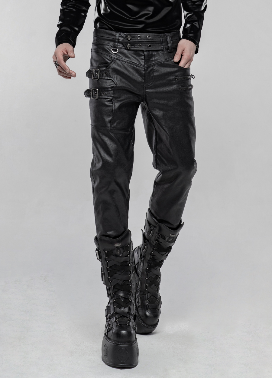 Pantalon gothique homme en enduit noir PUNK RAVE avec des skulls