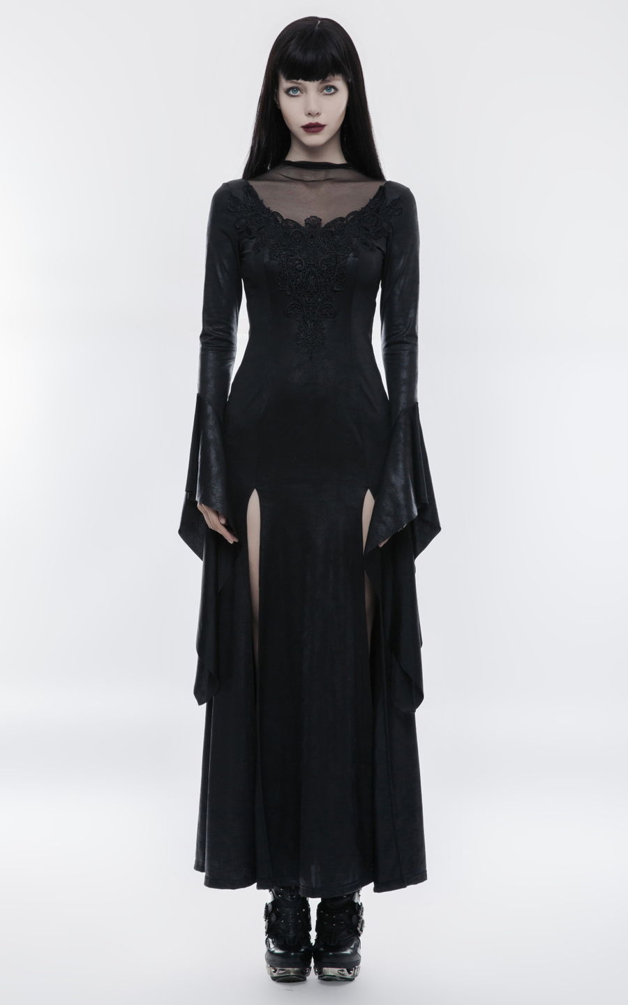 Punk Rave gothique robe longue à manches longues en dentelle noire steampunk witch Vintage occulte