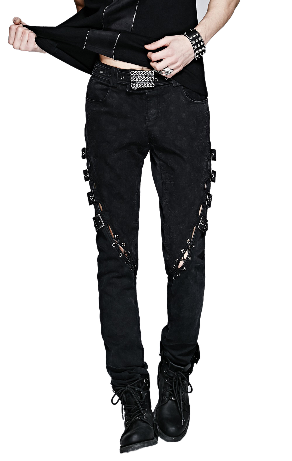 Pantalon bondage gothique pour hommes - Pantalon punk en coton noir avec anneaux en D et bretelles - Mode Emo Alt - Pantalon Cyberpunk Techwear à lacets corset