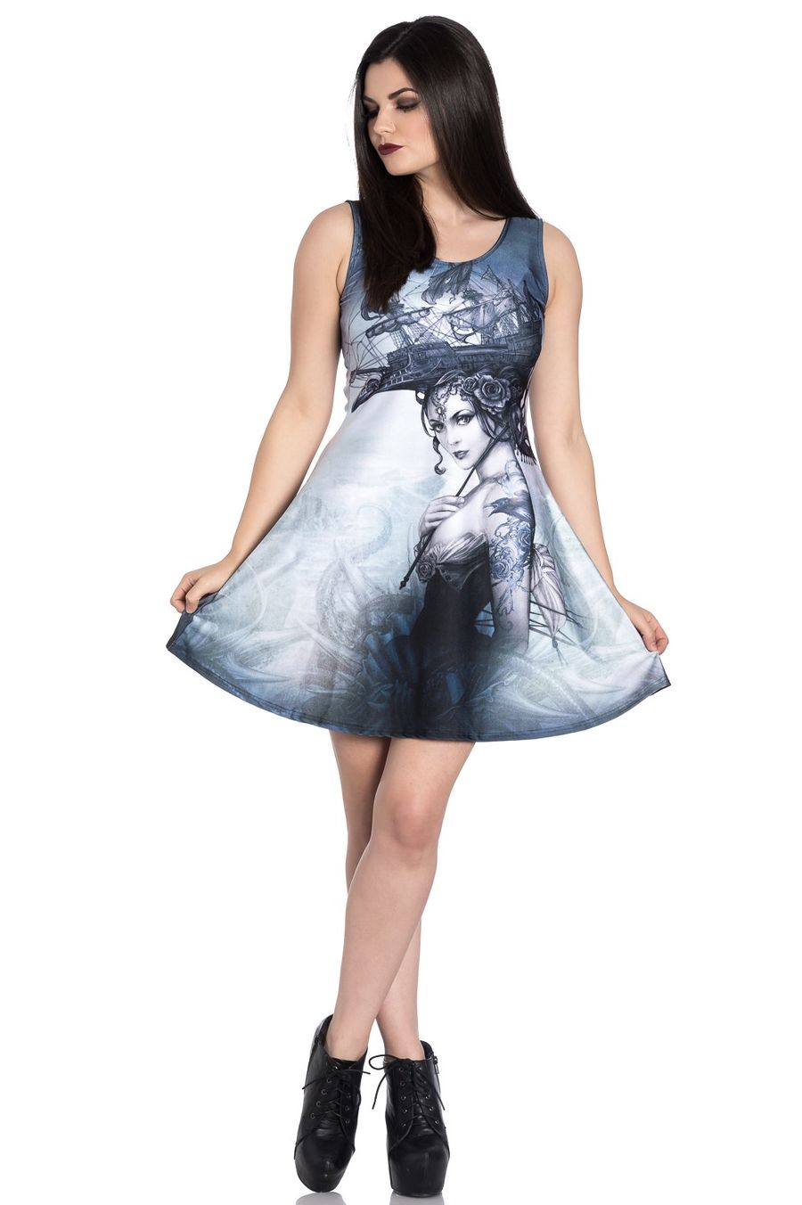 Robe gothique ALCHEMY BLACK imprimée d'une fée et d'un corbeau