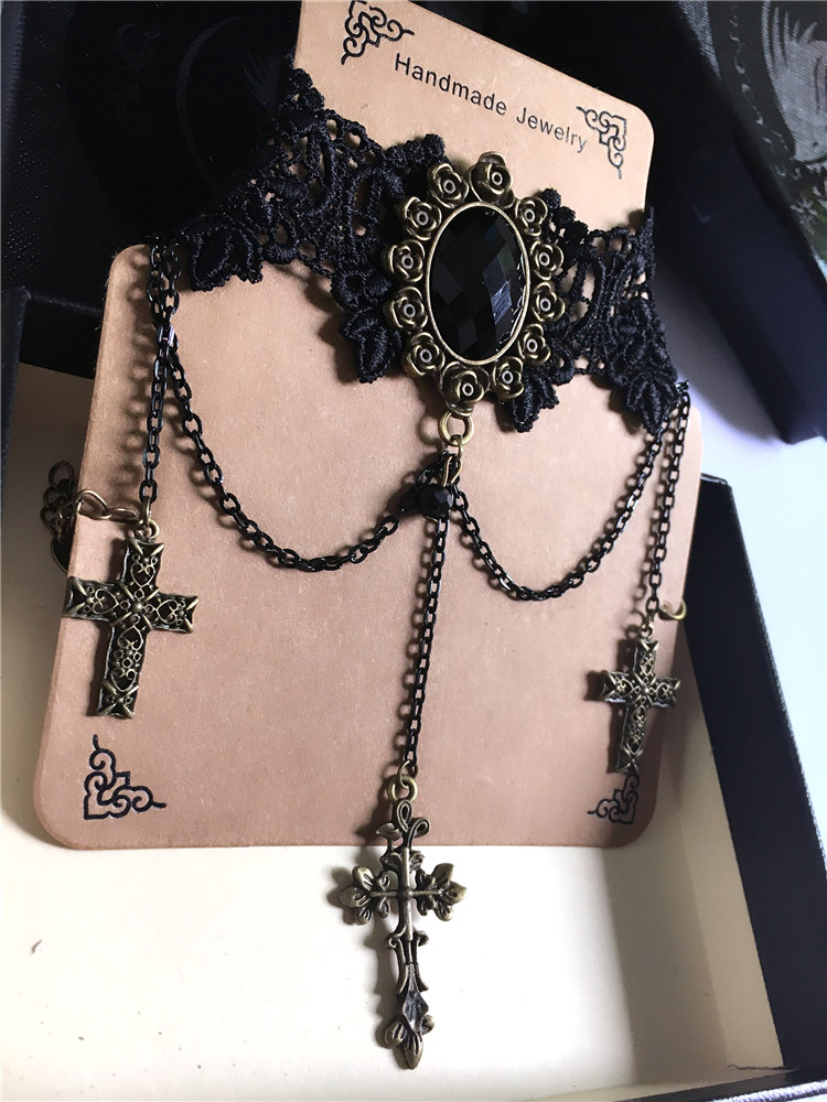 Collier Ras-de-cou Choker Gothique Dentelle Noire étoile Faux Cuir (neuf)
