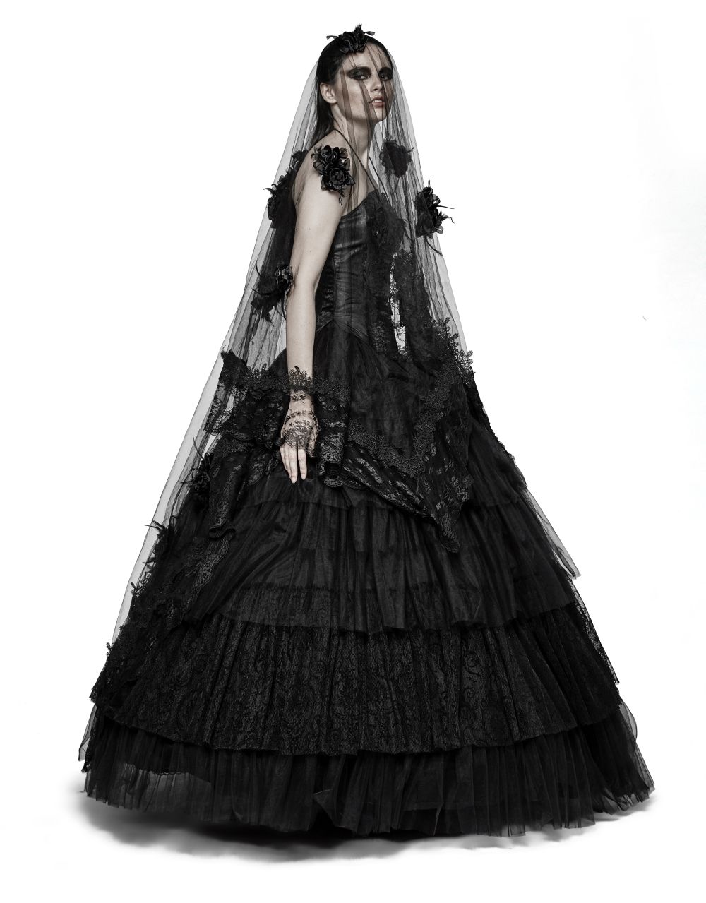 Longue jupe gothique victorienne noire style princesse en tulle et dentelle