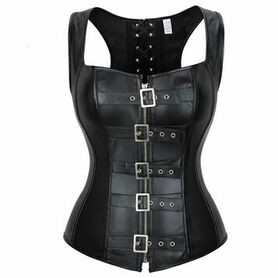 Long corset gothique en simili cuir noir