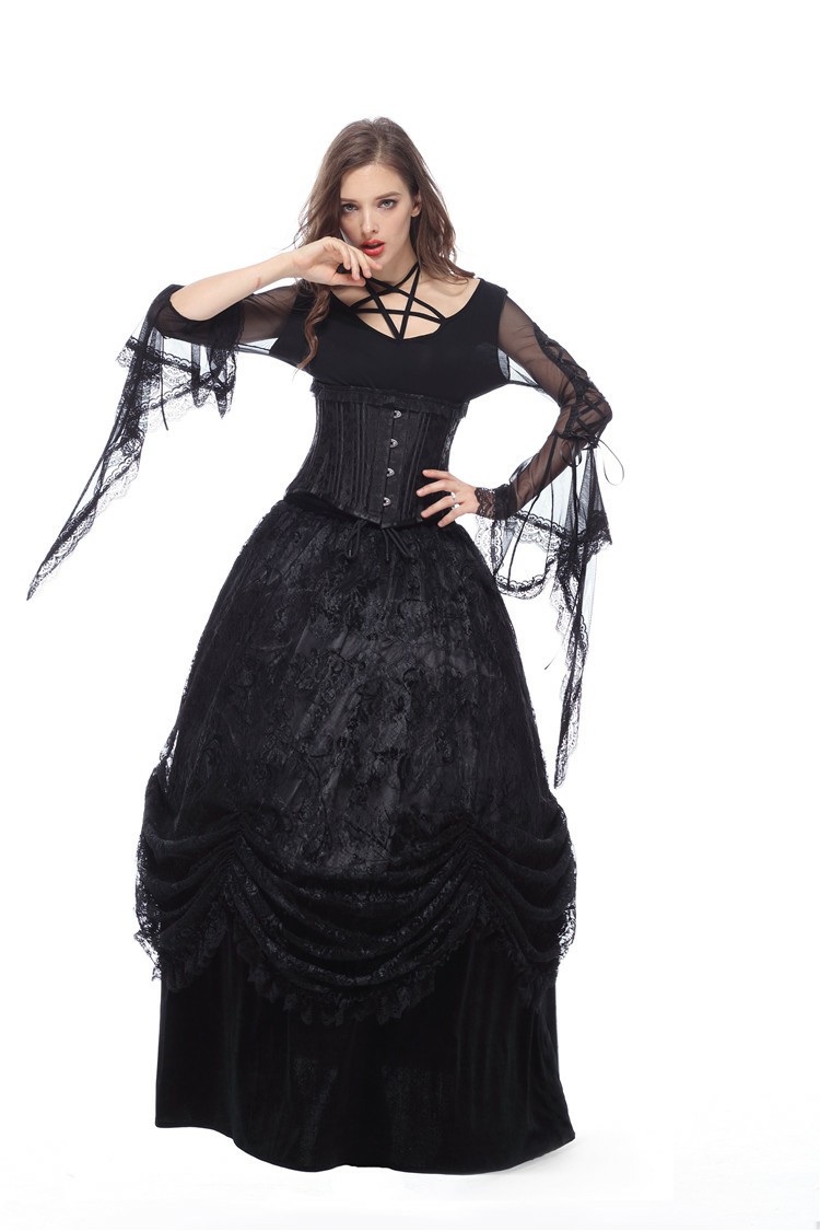 Longue Jupe Gothique Romantique En Velours Dentelle Et Satin