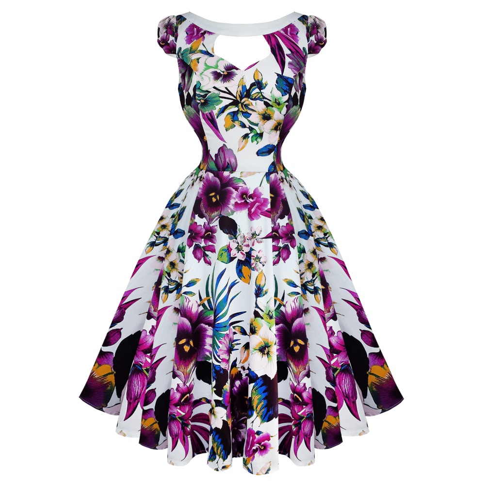 Robe PINUP blanche et violette à la décoration florale