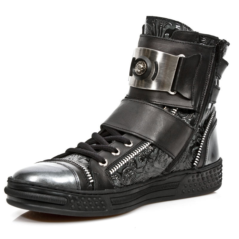 Baskets hommes en cuir noir New Rock M.PS028S1 ornées de skulls en métal