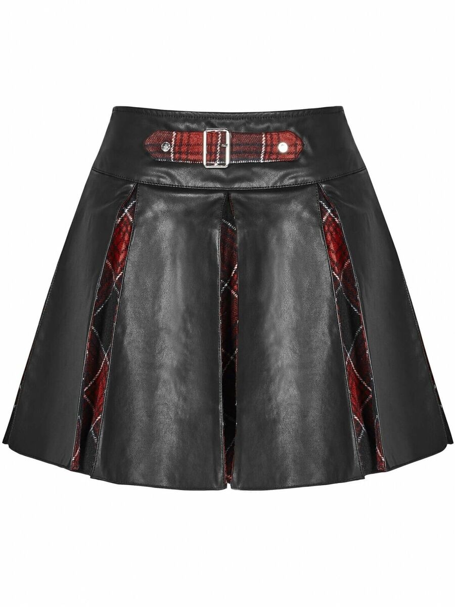 Mini jupe PUNK RAVE en simili cuir noir et tissu tartan rouge