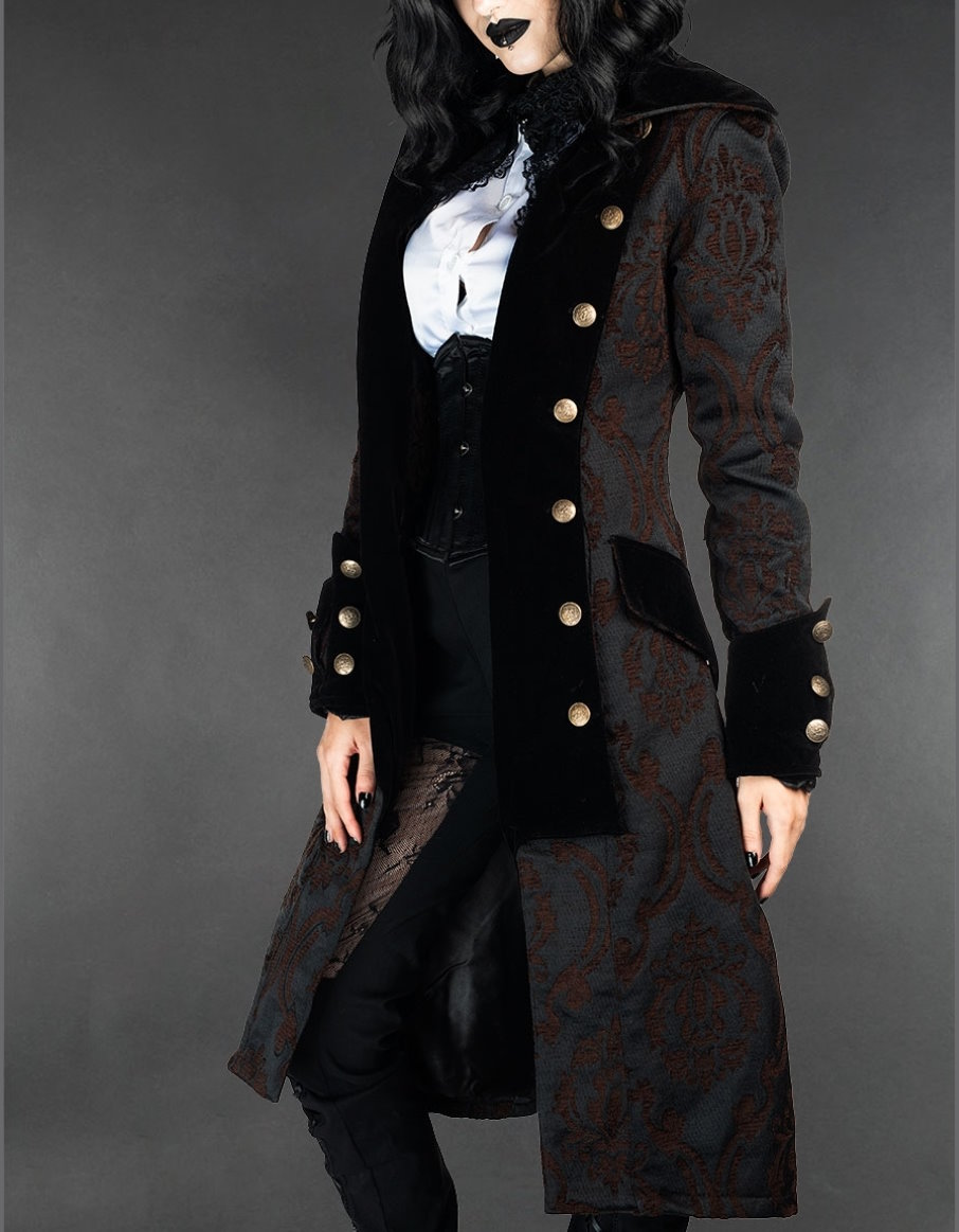 Veste Gothique Steampunk Femme - Manteau Long Noir Avec Dentelle, Boutons Argent - Style Médiéval, Idéal Halloween, Cosplay