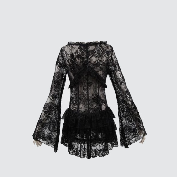 Top Gothique Basque En Simili Cuir Noir Avec Dentelle Et Armatures - Manches Longues - Taille 36